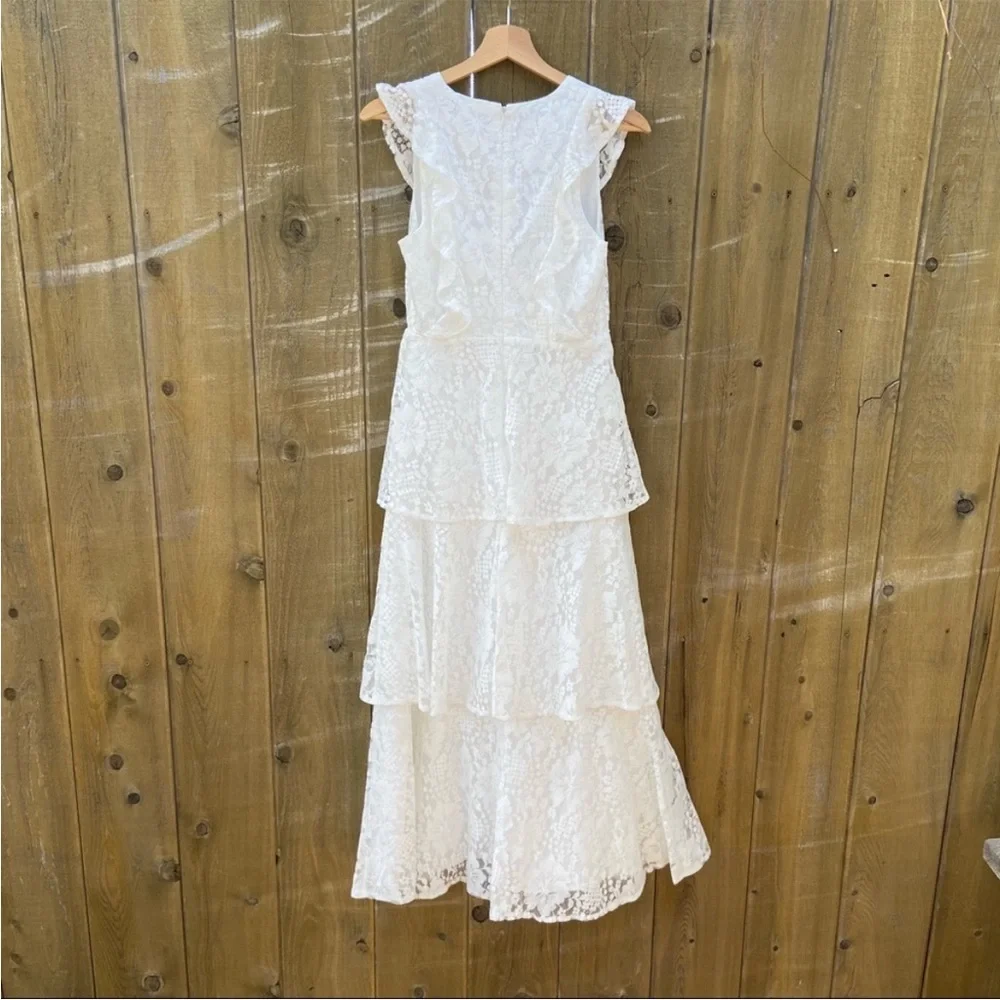 White Lace Ruffled Tiered Molinetto Maxi Dress 🌿 - Picture 9 of 12